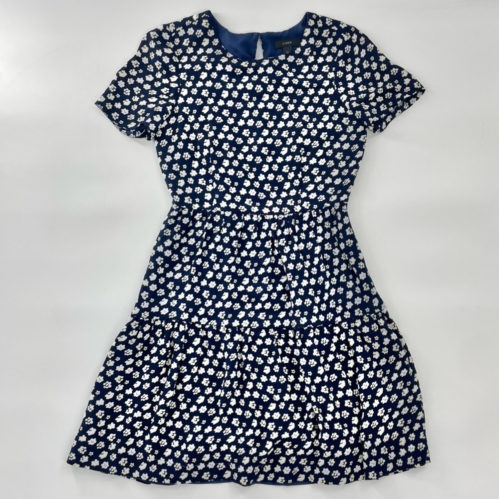 J Crew Blurred Floral Tiered Short Sleeve Navy Blue Dress Ditzy‎ Floral A1380 - Picture 5 of 14